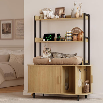 54 Inch Hidden Litter Box Furniture with Shelves and Outlets, Oak