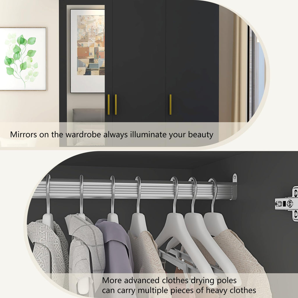 3 Door Wardrobe Closet with Mirror and LED Lights, Bedroom Armoire with Drawers Shelves, Modern Wooden Armoire