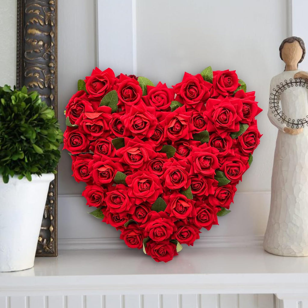 Valentines Day Heart Wreath Red Rose Heart Wreaths Valentines Heart Shaped Wreath for Door with Red Bow Valentines