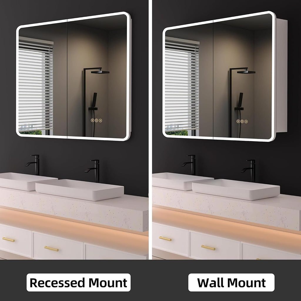 36 x 32 Inch Medicine Cabinet with Mirror and LED Light | Recessed, Wall-Mounted, Dimmable, Anti-Fog, Memory
