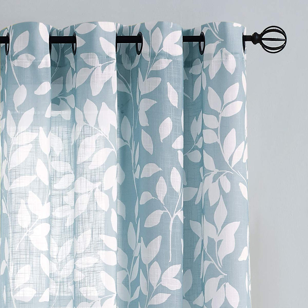 Blue White Sliding Door Curtains 100x84" Linen Leaf Drapes Living Room 1pc
