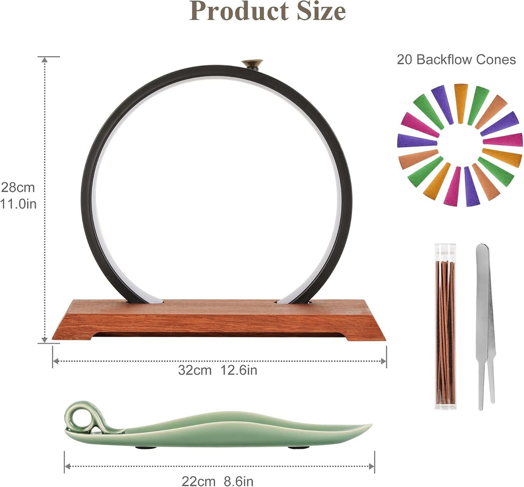 Backflow Incense Burner with LED Light Ring, Ceramic, Waterfall Design, Includes 1 Tweezer and 30 Incense Sticks