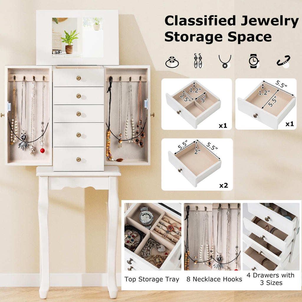 Standing Jewelry Cabinet Armoire with Top Flip Mirror, Jewelry Box Chest with 4 Drawers, Top Compartments, 8 Necklace