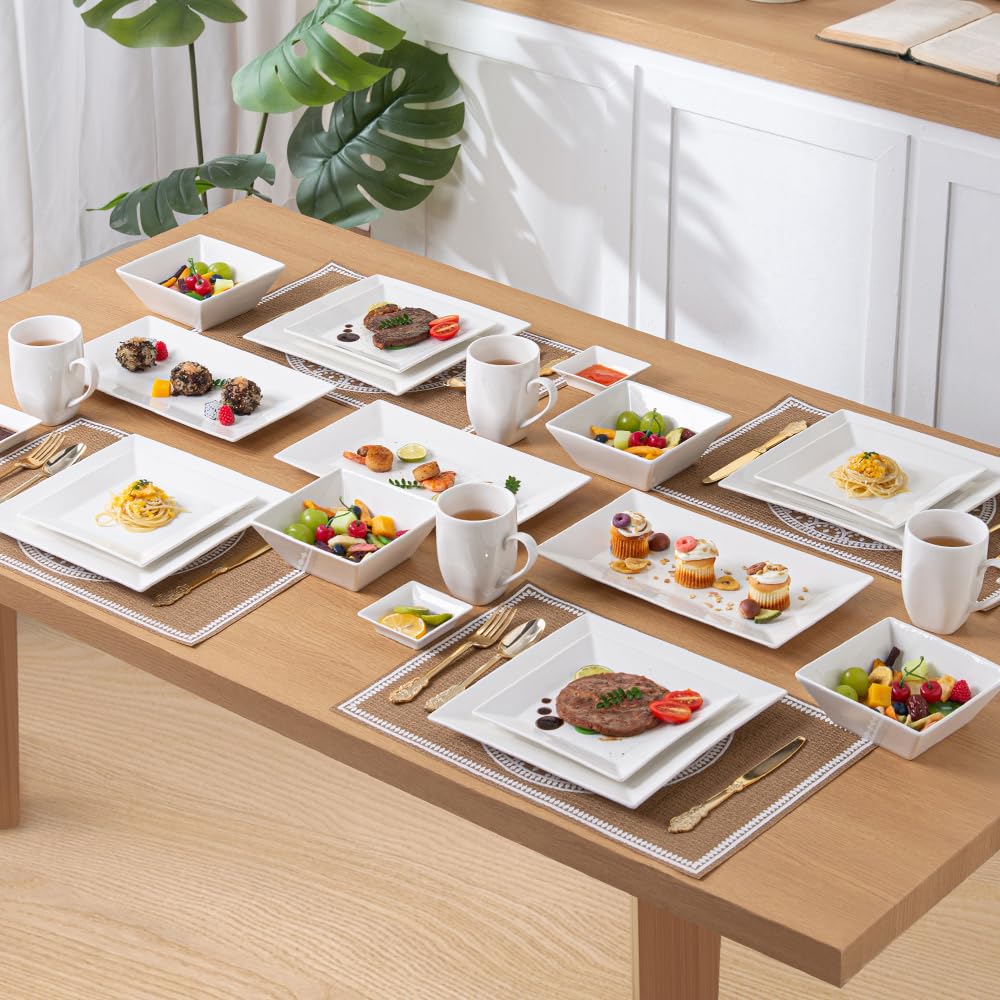 Classic 24-piece Square Dinnerware Set for 6, Off-white Square Plates and Bowls