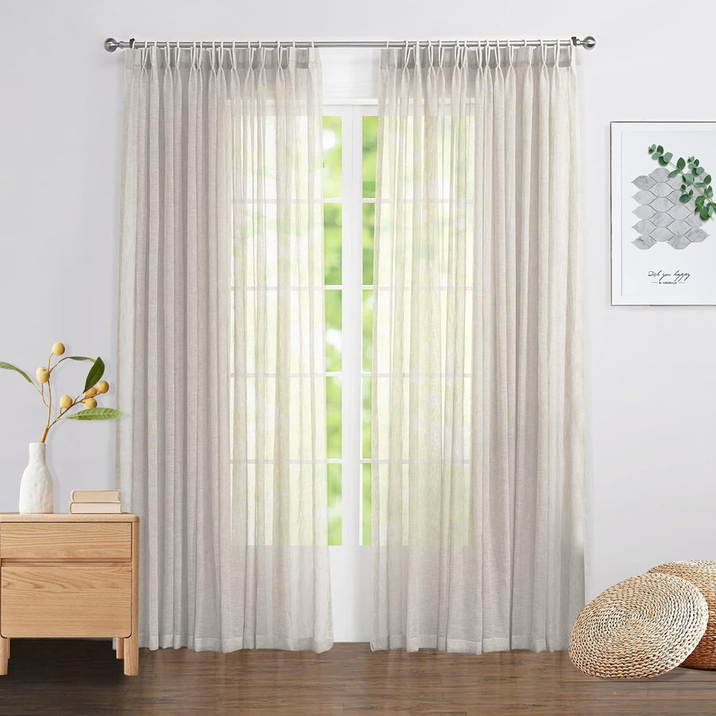 Sheer Curtains 96 inches Long, Faux Linen Double Pleated Window Sheer Curtains Panels Drapery for Home, Hotel, Office