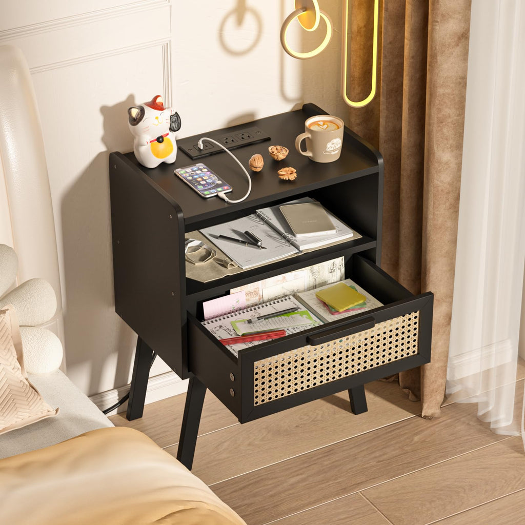 Rattan Nightstands Set of 2 with Charging Station, Boho Side Table