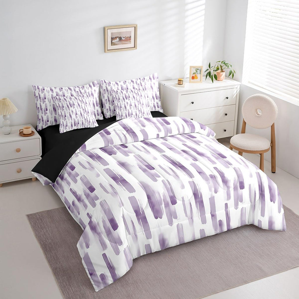 7Pcs Violet Gradient Abstract Comforter Set Queen, Purple Geometric Striped Bed in A Bag for Women Men, Ink Ombre