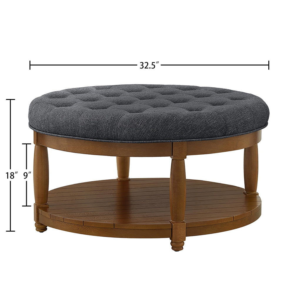 Upholstered Round Coffee Table with Wooden Shelf, Tufted Button Large Round Ottoman with Spindle Wooden Legs, Linen