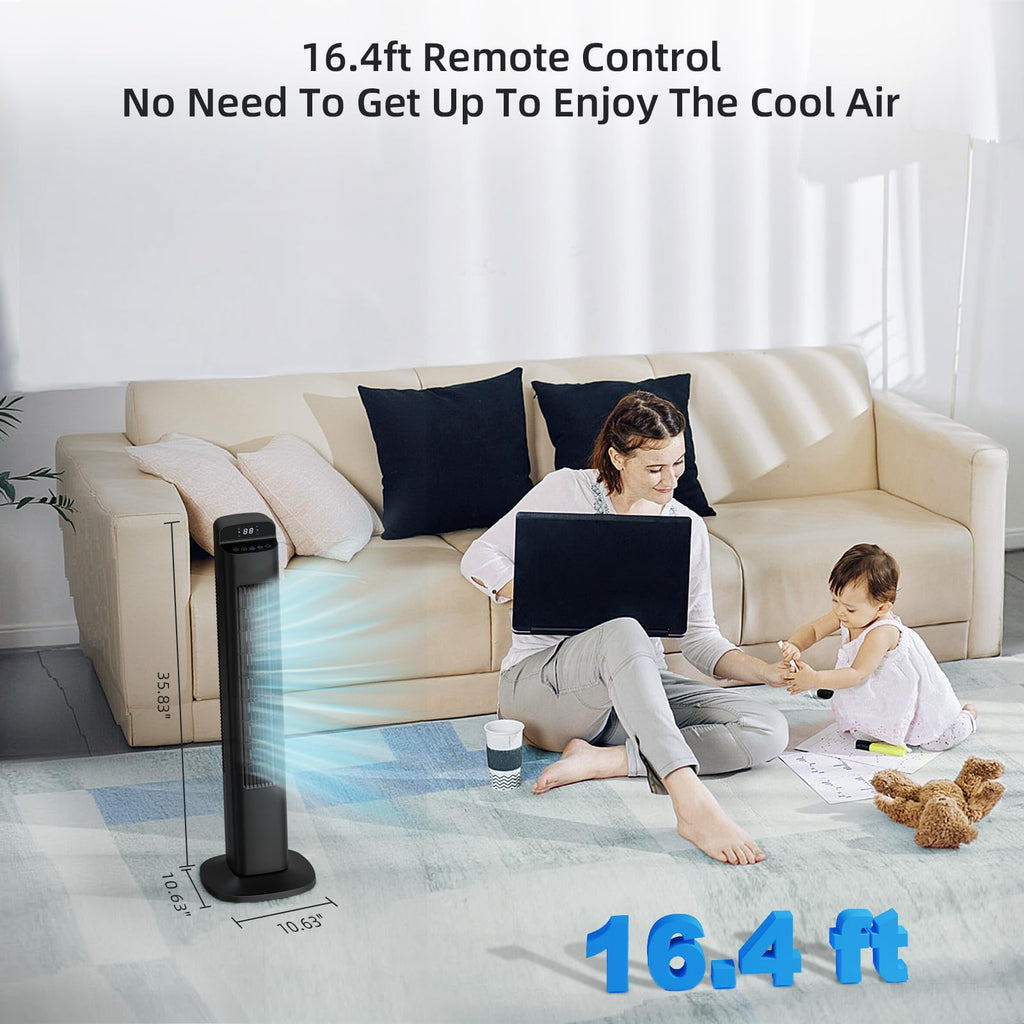 Portable Tower Fan, 80°Oscillation Fan, with Remote Control, Standing Bladeless Fan, 5 Speeds and 3 Modes, Low Noise