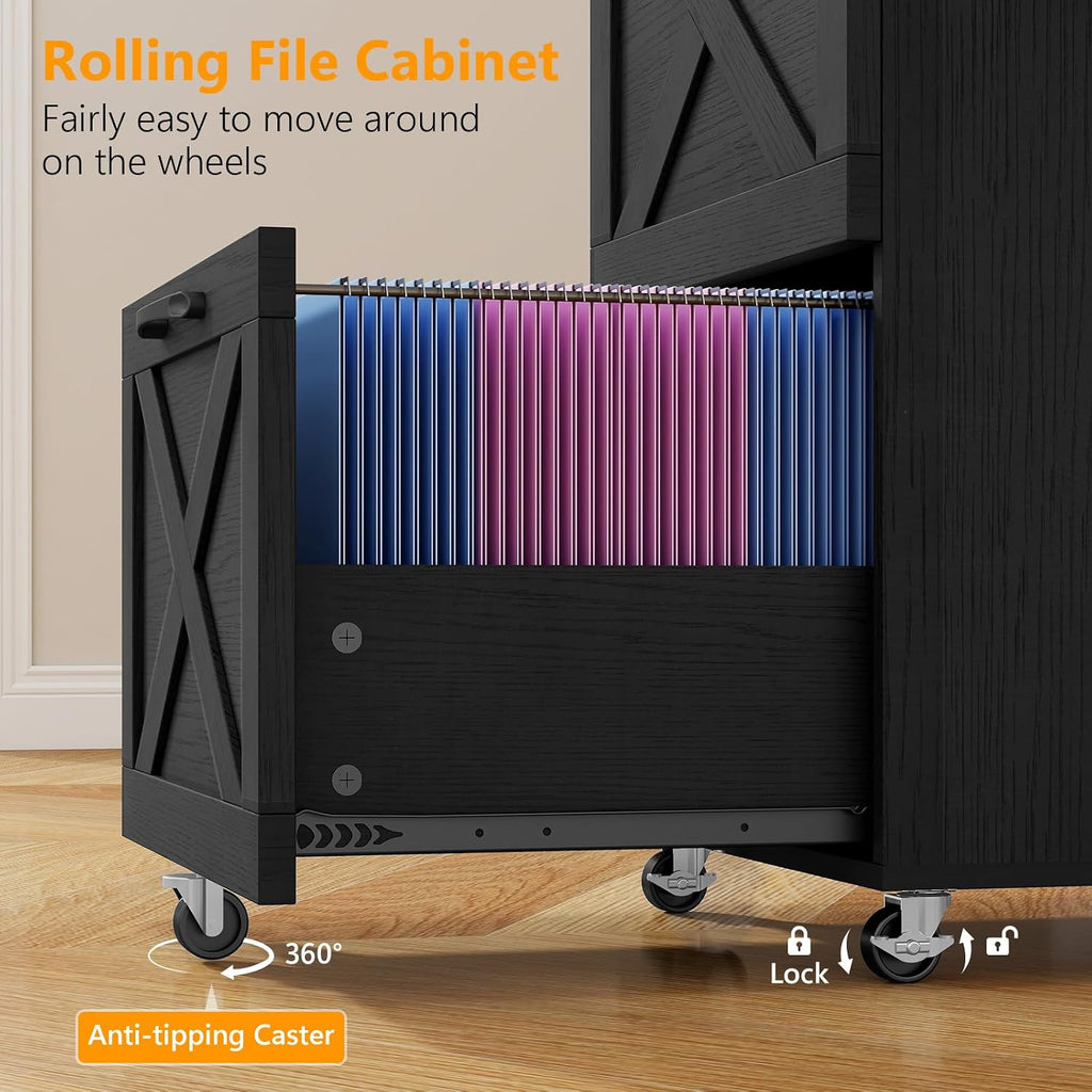 Farmhouse File Cabinet with 2 Drawers, Vertical Filing Cabinet on Wheels for Letter/A4 Size Hanging Files, Mobile