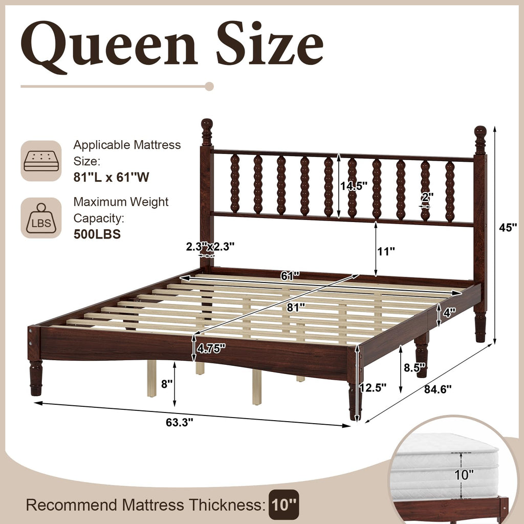 Vintage Wood Bed Frame Queen Size with Spindle Headboard, Walnut