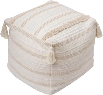 Tufted Woven Pouf Cover w/Tassels, Boho Square Ottoman 18"x18"x16"