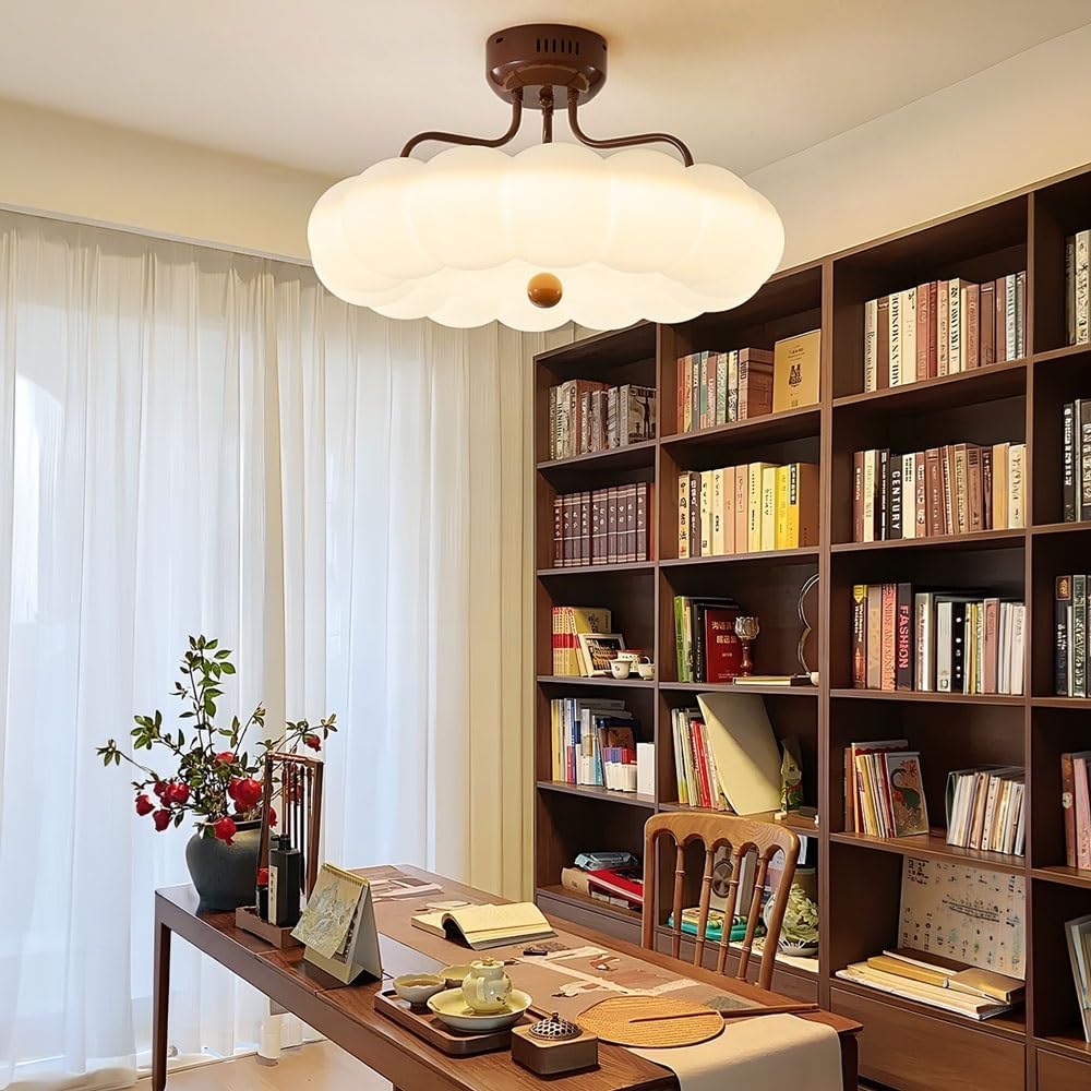 Modern Semi-Flush Mount Ceiling Light, Cloud Scalloped LED Fixture, 20.5 Inch Coffee Lamp, Eye Protection Design