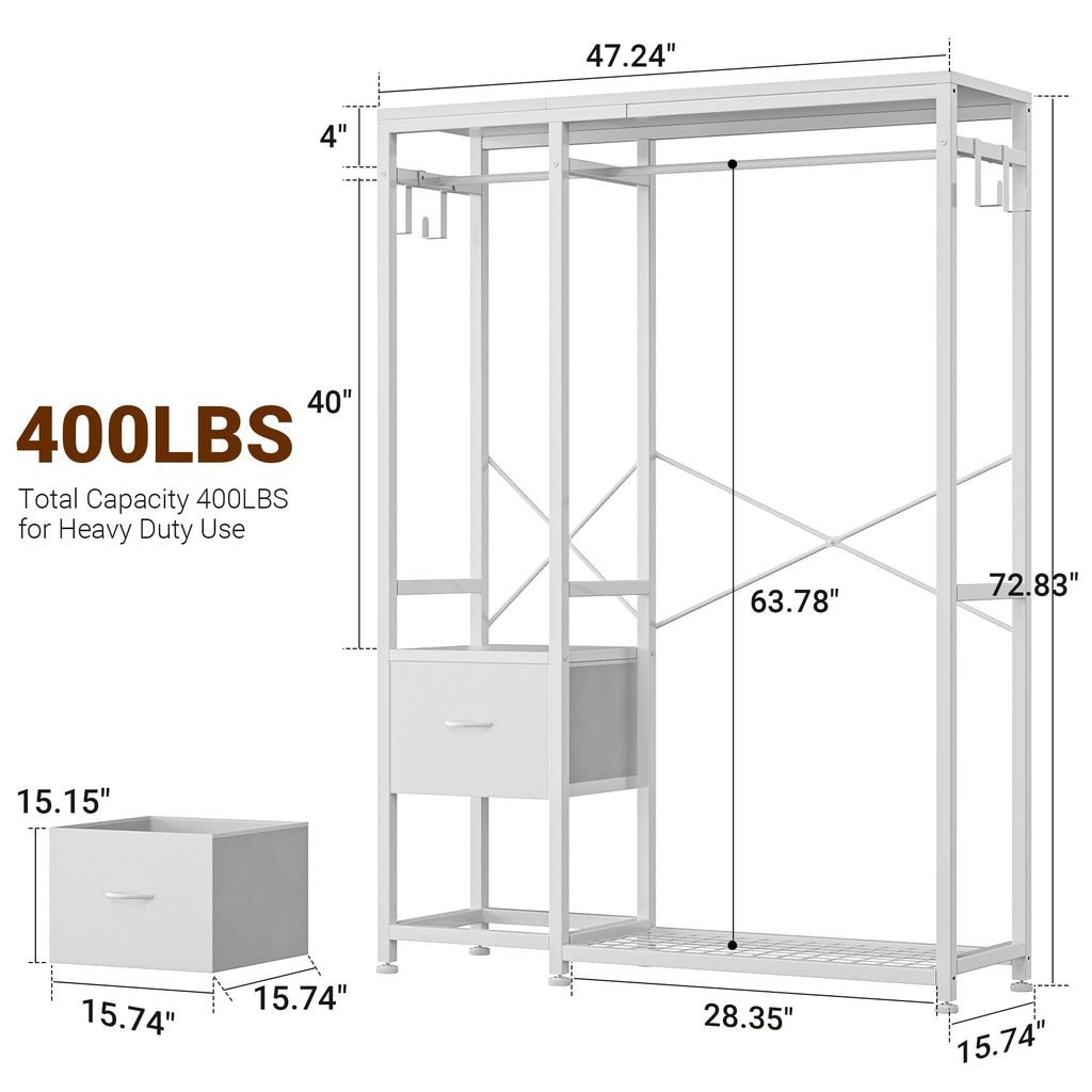 Clothes Rack with 2 Rods, Shelves, Drawers & Hooks, Garment Rack