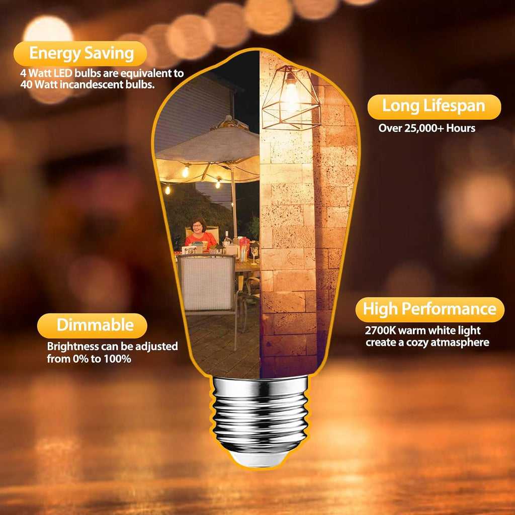 6 Packs ST58 LED Edison Bulbs, 4 Watt Vintage Light Bulbs Equivalent to 40 Watts, 2700K Warm White Antique Decorative