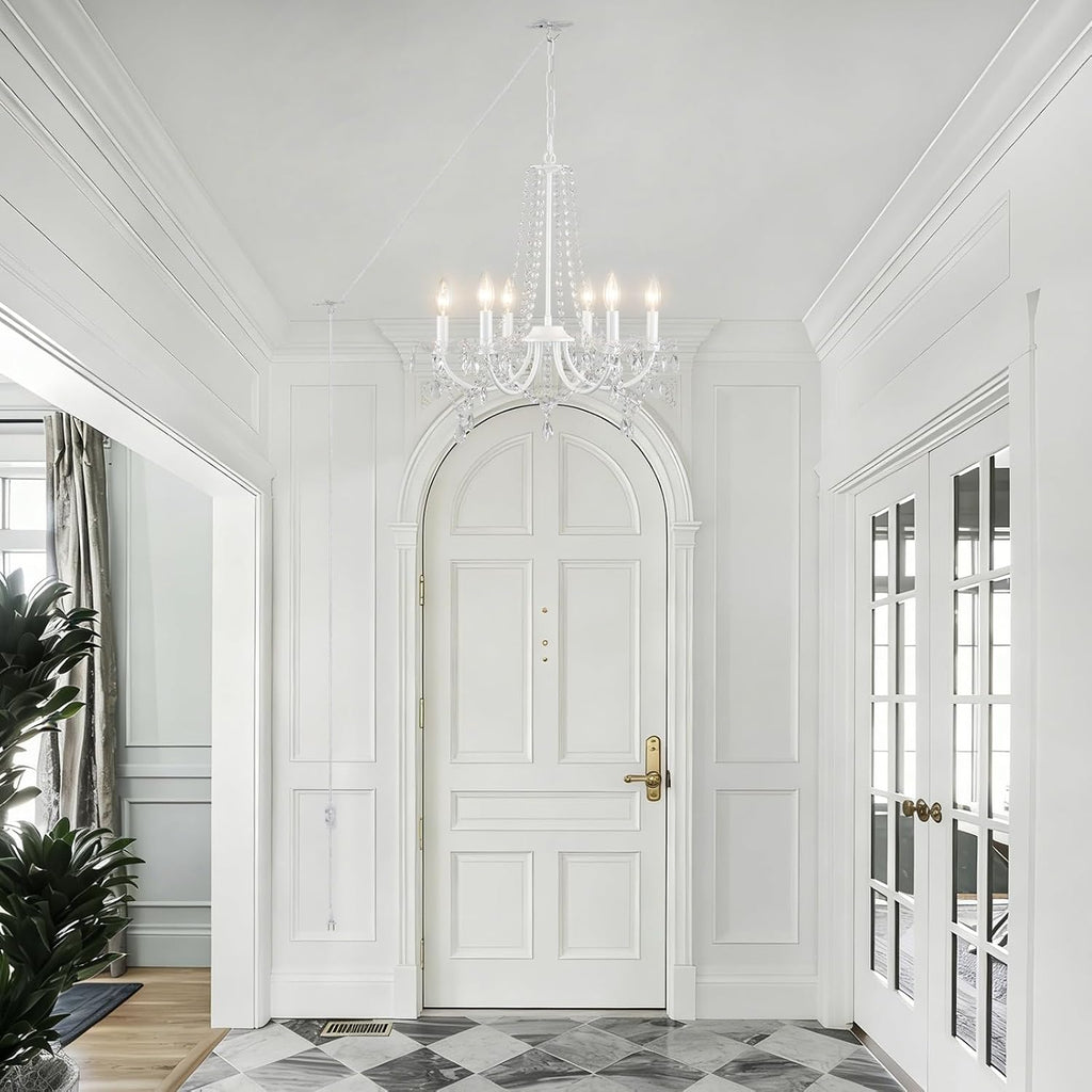 White Crystal Chandelier Plug-in Hanging Light, 6-Light with 15 ft Clear Cord