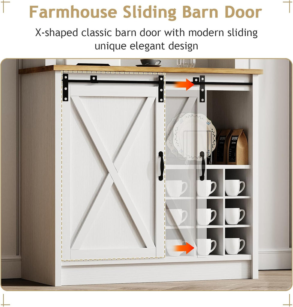 72" Farmhouse Coffee Bar Cabinet with Sliding Barn Door, White | Coffee Bar with Wine Rack, Ample Storage, Hooks and