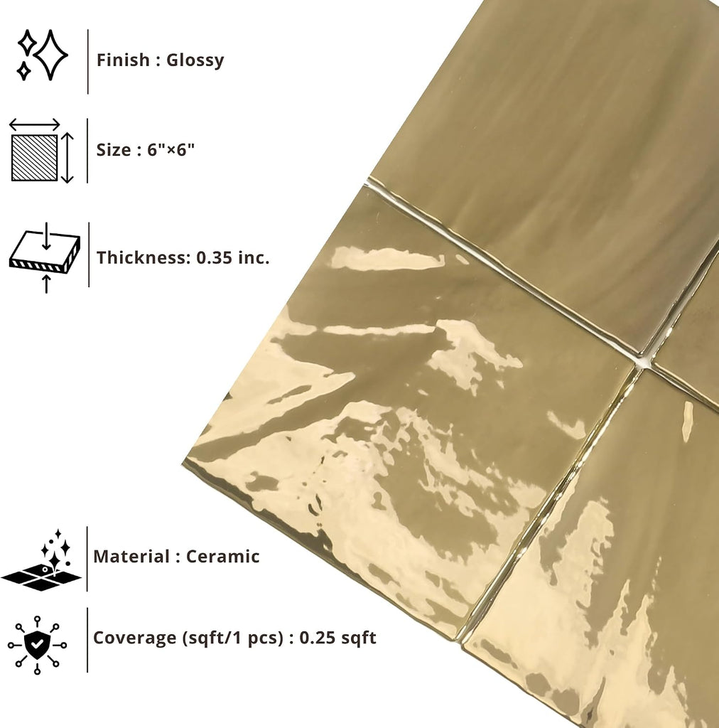 6x6 Glossy Gold Ceramic Wall Tile, Handmade Look Square Tile Backsplash, Bathroom, Shower, Fireplace & Accent Wall (1