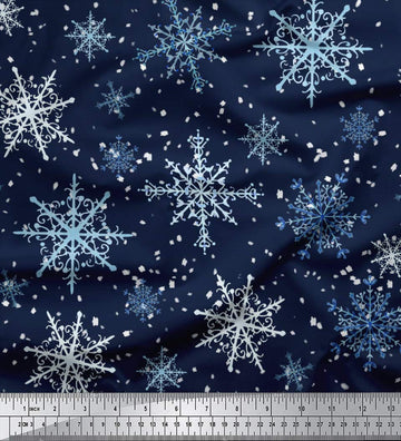 Cotton Jersey Blue Fabric - by The Yard - 58 Inch Wide - Snow Flakes & Star - Winter Whimsy with Snow Flakes and Star
