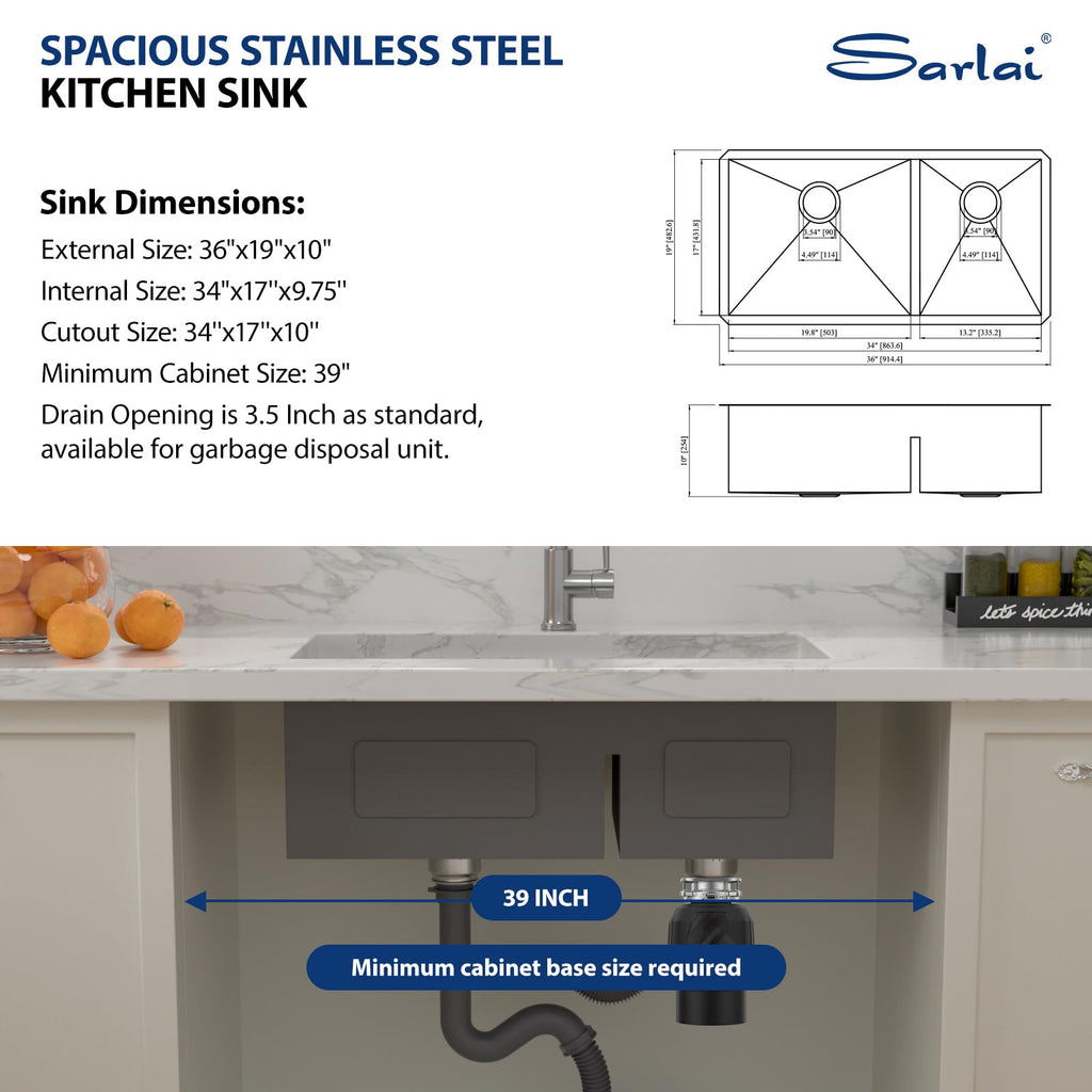 36 Undermount Kitchen Sink - 36" x 19" Undermount Double Bowl Sink 60/40 Low Divide Stainless Steel 16 Gauge Under