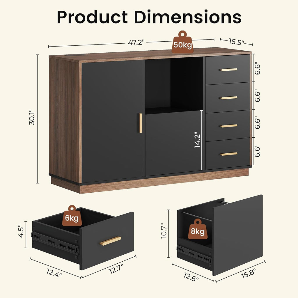 47.2" File Cabinet with 5 Drawer & Door, Charging Station | Office Storage Cabinet with Adjustable Shelves, Fits