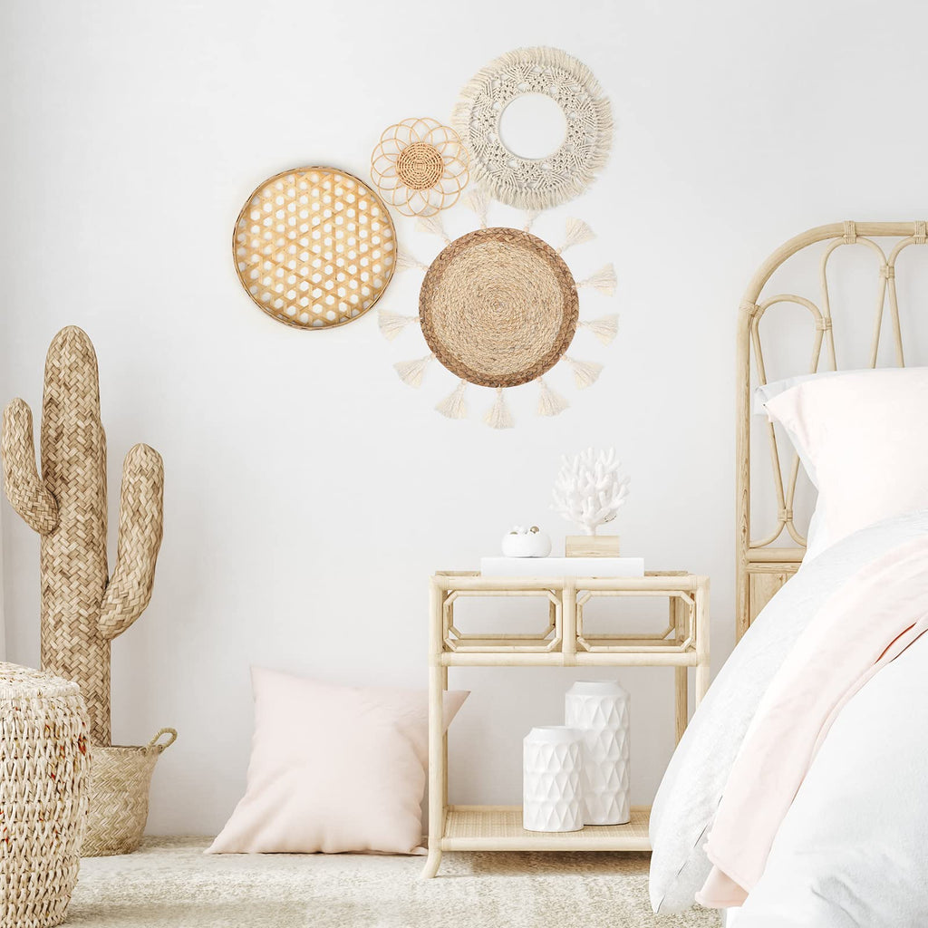 4 Pcs Boho Wall Basket Decor Set, Woven Rattan Wicker Bamboo