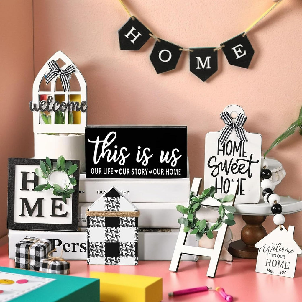 Farmhouse Tiered Tray Decor Set-Rustic Wooden Mini Signs and Decorations and Kitchen Display (Tiered Tray Not - Set of 11
