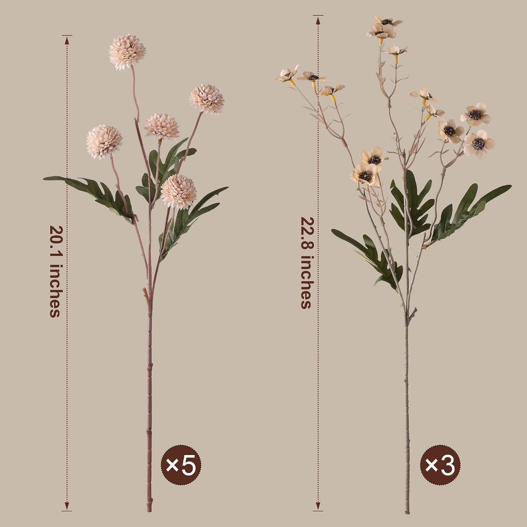 Fake Mums Kiku Flowers Artificial with Wild Flowers Bulk, Beige Silk Flower Arrangements Decor Floral - Set of 8