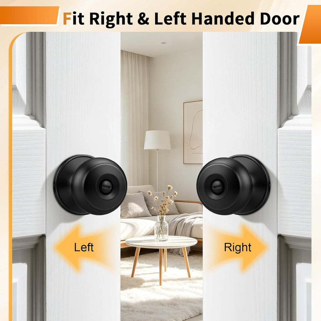 Black Door Knobs Bathroom, Interior Door Knob with Round Ball, Matte Black Privacy Door Knob, 6 Pack