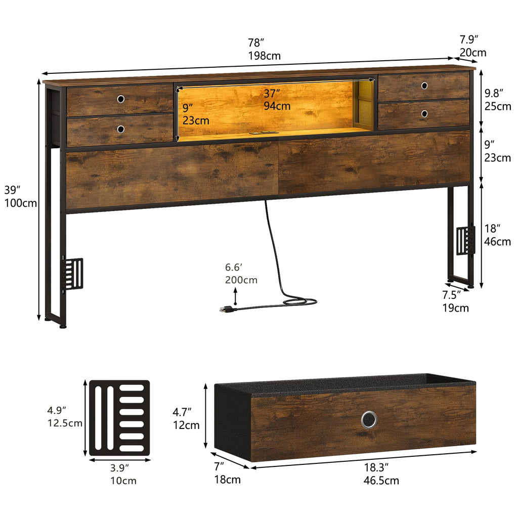 Headboard with 4 Fabric Storage Drawers Charging Station LED Light Adjustable Height Storage Rack Sturdy
