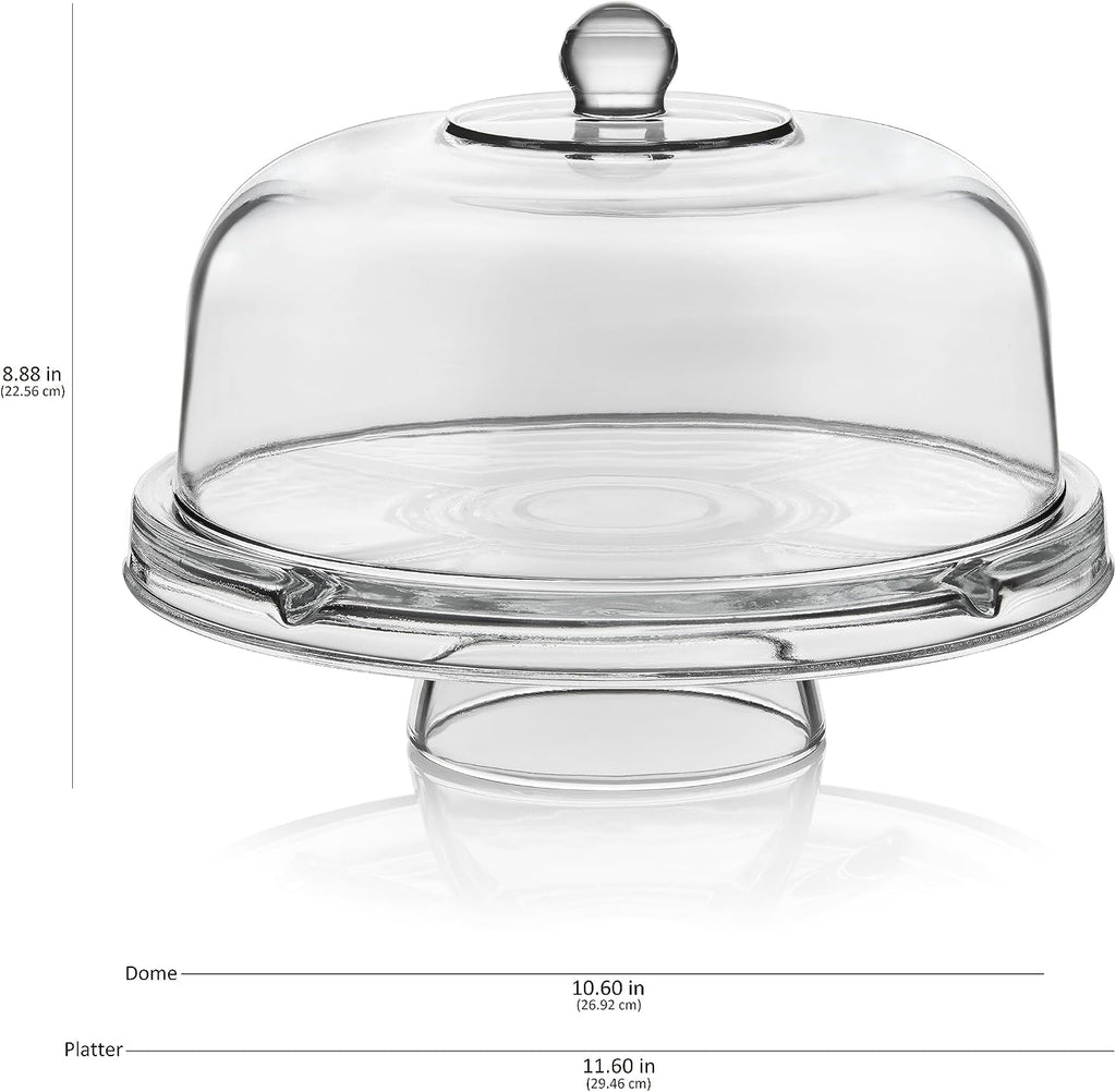 Selene 6-in-1 Domed Cake Stand, Unique Space Saving Glass Cake Stand with Dome, Multi-Purpose Dip Bowl To Serve - Set of 2