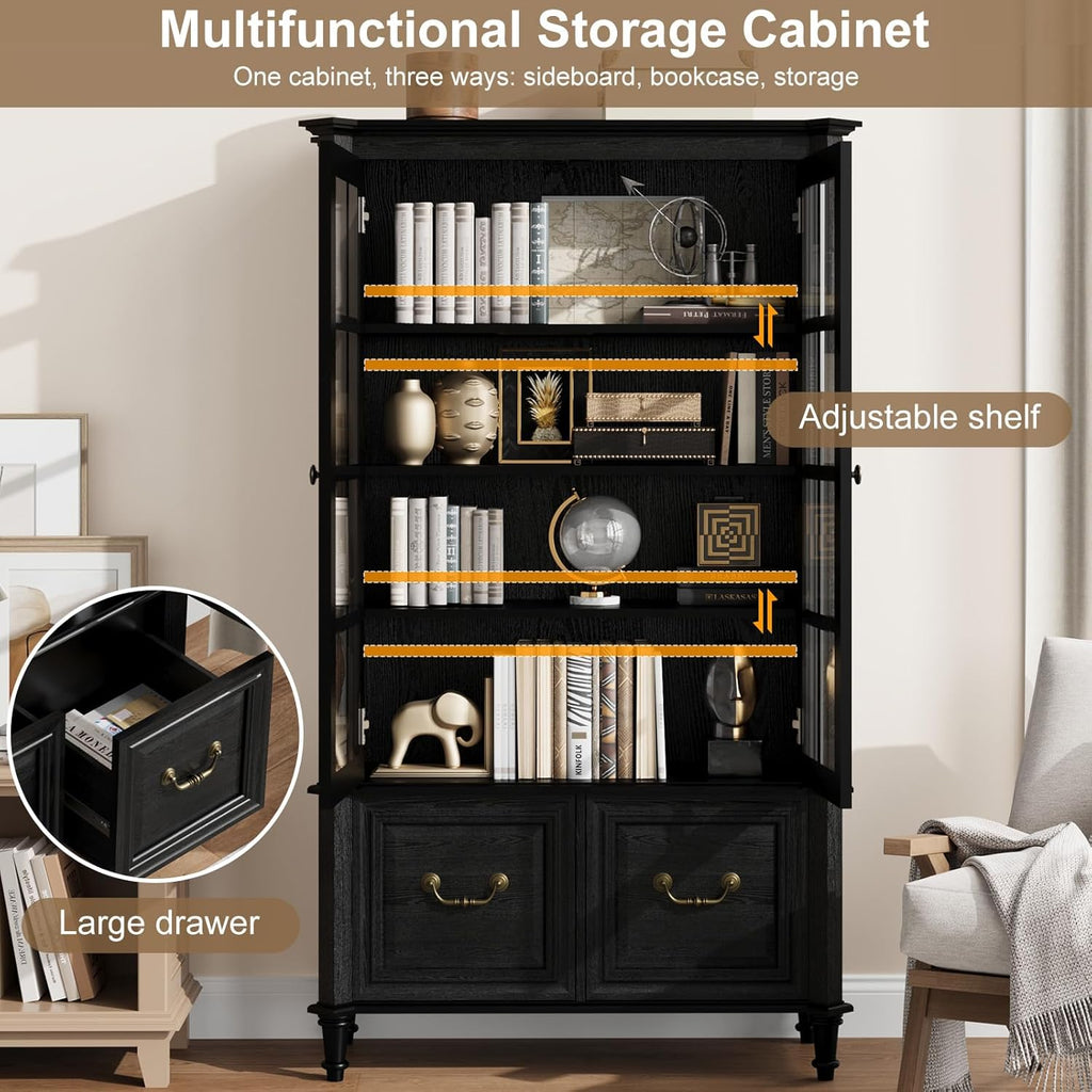 63" Tall Display Cabinet with Glass Doors and Solid Wood Legs, Modern Bookcase with 2 Drawers & Adjustable Shelves