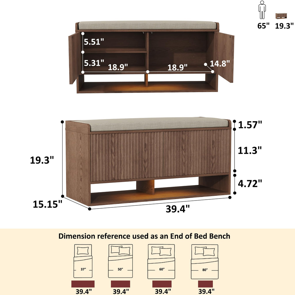 39.4" Fluted Shoe Storage Bench, Entryway Bench with Linen Seat Cushion, Shoe Cabinet Bench with Adjustable Shelf and