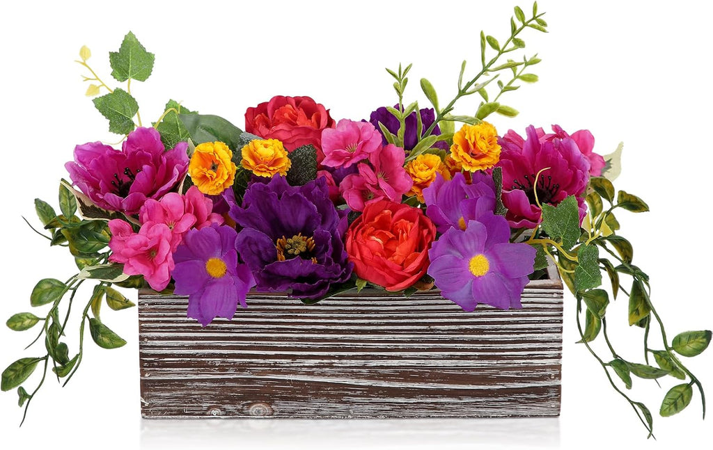 Flower Arrangement with Wooden Vase 10" Artificial Flowers in Pot - Fake Flowers in White Rectangular Wooden Vase