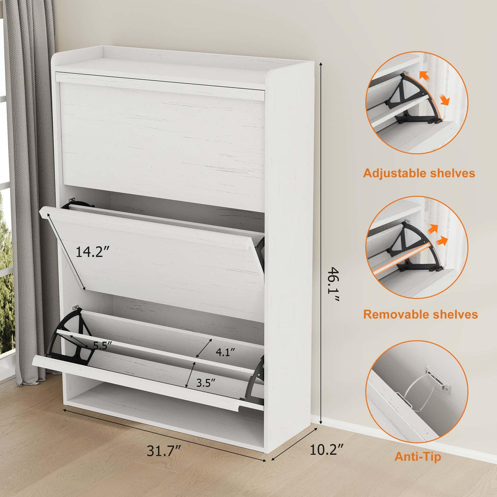 Shoe Cabinet with 3 Flip Drawers, Wooden Shoe Organizer with Adjustable Shelf, Shoe Storage, Hidden Shoe Cabinet