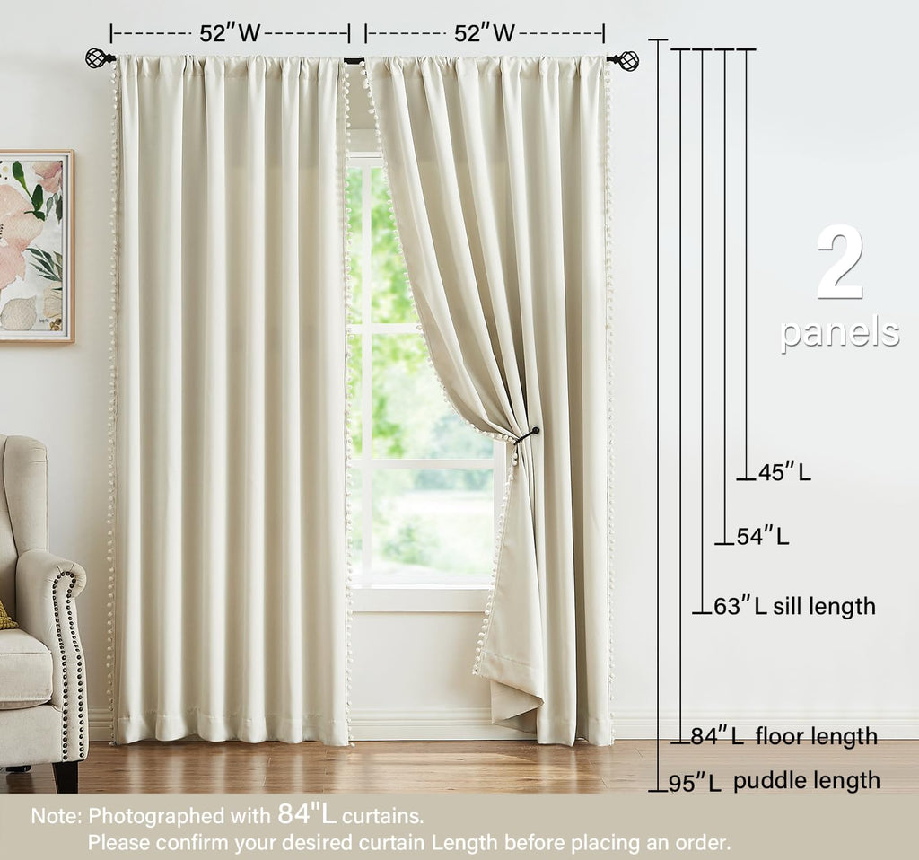 Pom Pom Curtains Windows 84 inch Energy Efficient Thermal Insulated Living Room Darkening Curtain Panels Nursery Room