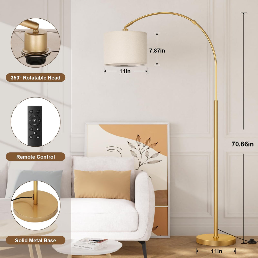 Dimmable Arc Floor Lamp with Remote, Color Temp Adjustable, Gold