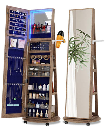 Full Length Mirror Jewelry Armoire, LED, Lockable, Rotating, Walnut
