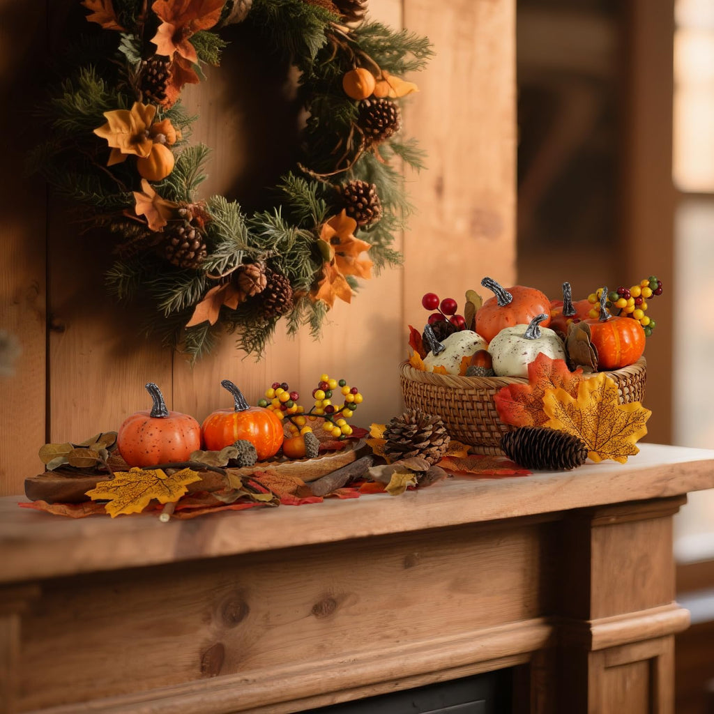 Artificial Pumpkins, Fall Harvest Decorations with Acorns, Pinecones, Berries, Maple Leaves for Farmhouse Fall - Set of 51