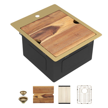 15"x18" Gold Bar Prep Sink Drop In Top Mount Workstation