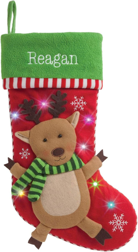 Reindeer with LED Lights and Name Embroidery | 3-D Character Stocking with Colorful Twinkling Lights | Green Cuff