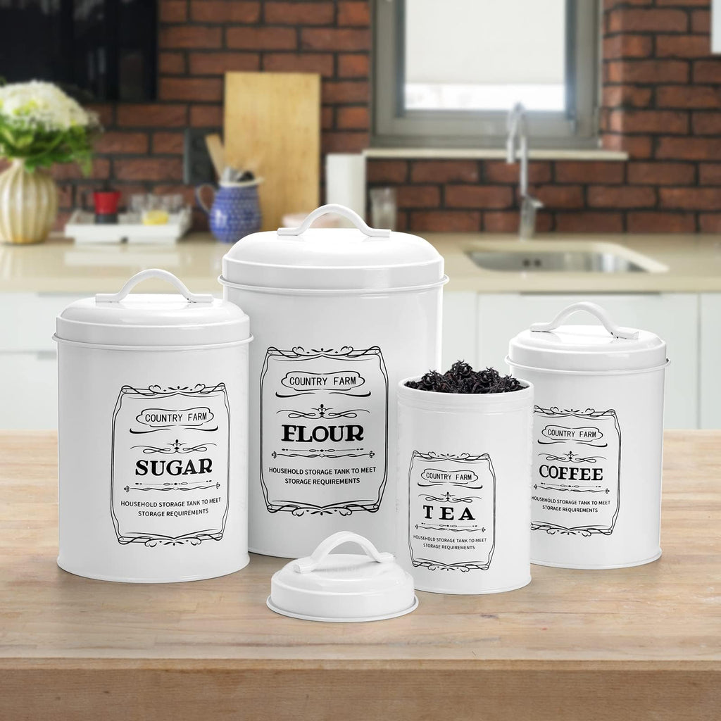 Set of 4 Kitchen Canisters with Airtight Lids, Coffee Tea Sugar Flour Tin Jars Nesting Food Storage Container Set for