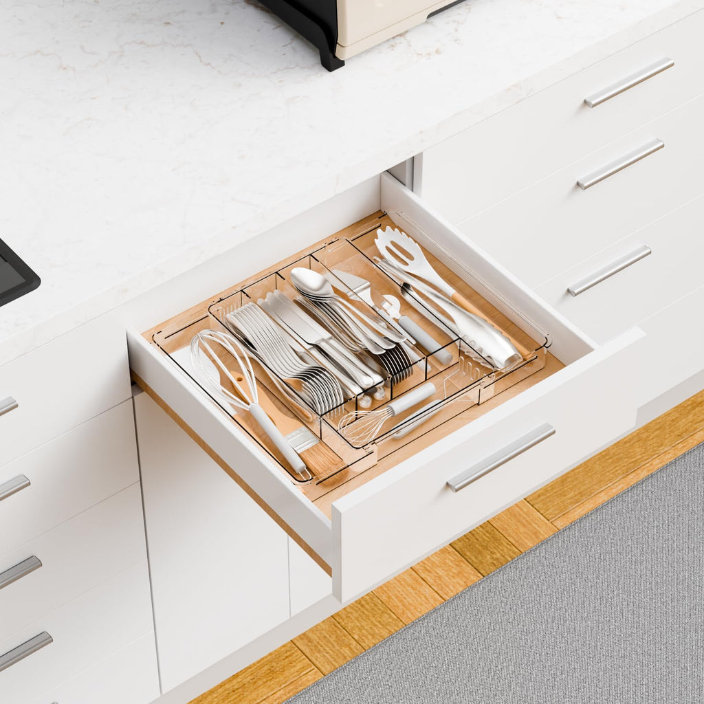 Clear Expandable Silverware Drawer Organizer,9.4-15.6In Adjustable Silverware Tray for Drawer,Acrylic Kitchen Utensil