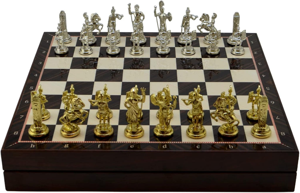 Metal Chess Set for Adults Greek Figures,Handmade Pieces and Different Design Wooden Chess Board with Storage (Walnut)