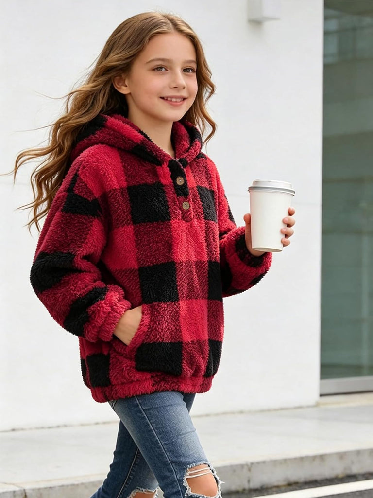 Girls Fuzzy Pullover Hoodie Sherpa Fleece Button Fluffy Sweatshirt