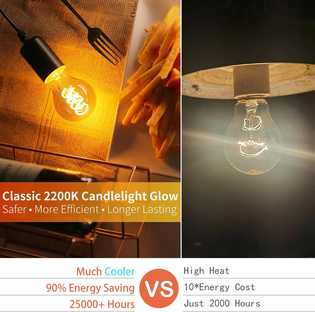 Vintage Edison LED Light Bulbs A19, E26 Base, Dimmable 4W 2200K Candlelight Warm Glow, 300 Lumens 40 Watt Equivalent