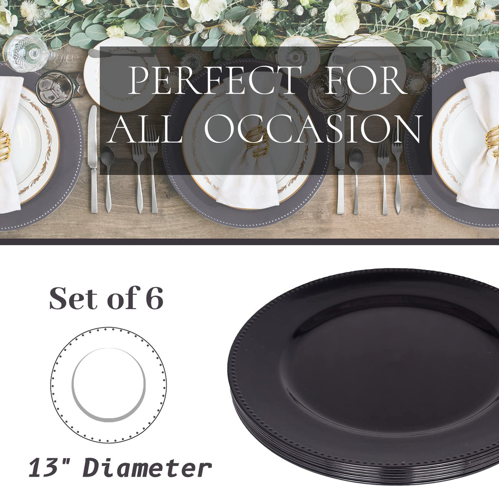 Black Charger Plates Set of 6, Round Plate Chargers with Beaded Rim