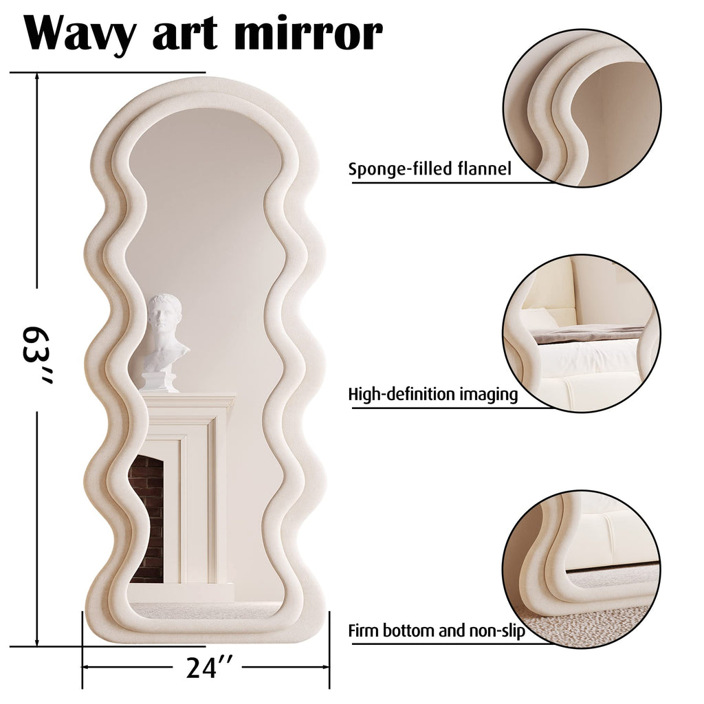 63"x24" Full Length Floor Mirror, Irregular Wavy Wave Arched Design, Wall Mounted or Leaning Standing, Flannel