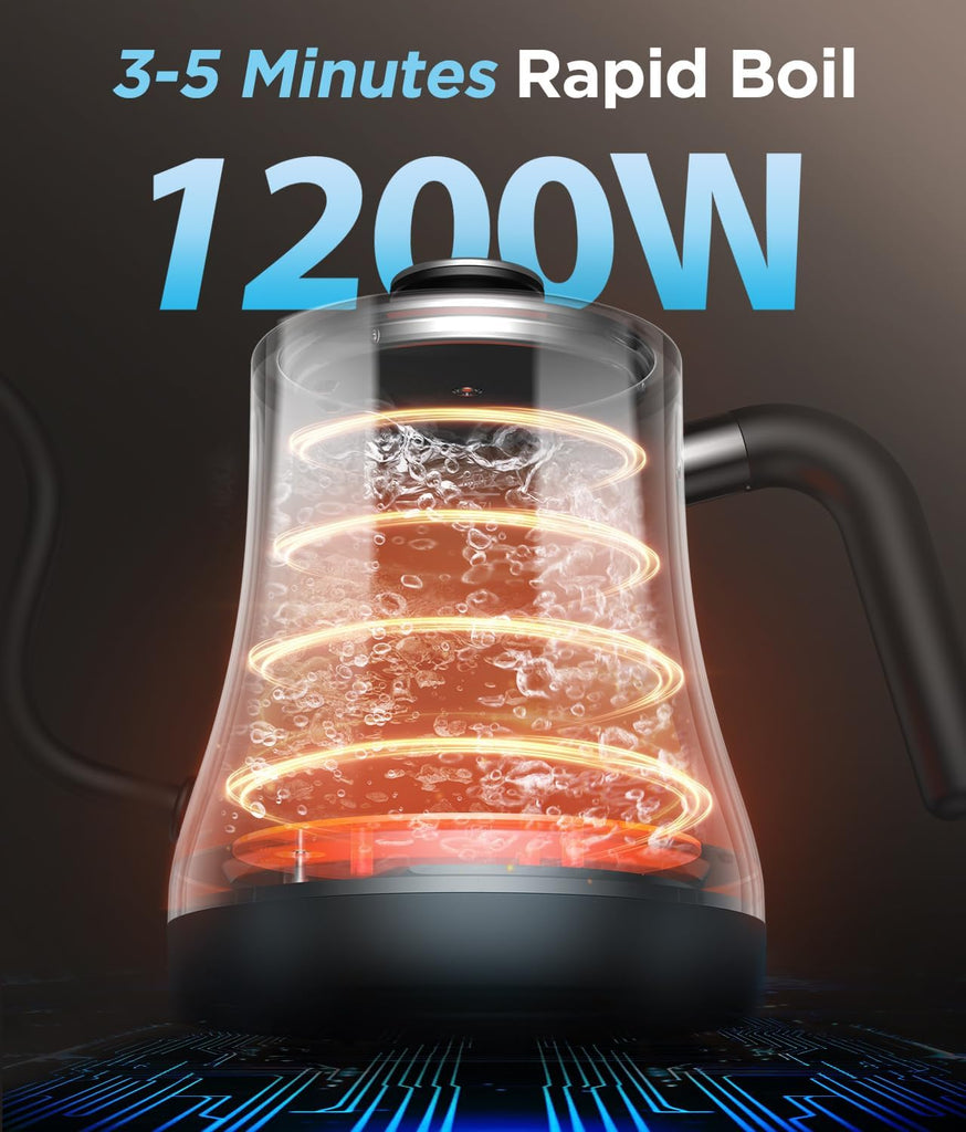 Gooseneck Electric Kettle, ±1°F Temp Control, Mute Mode, 4H Keep Warm | 0.8L Pour Over Kettle, 1200W Fast Heating