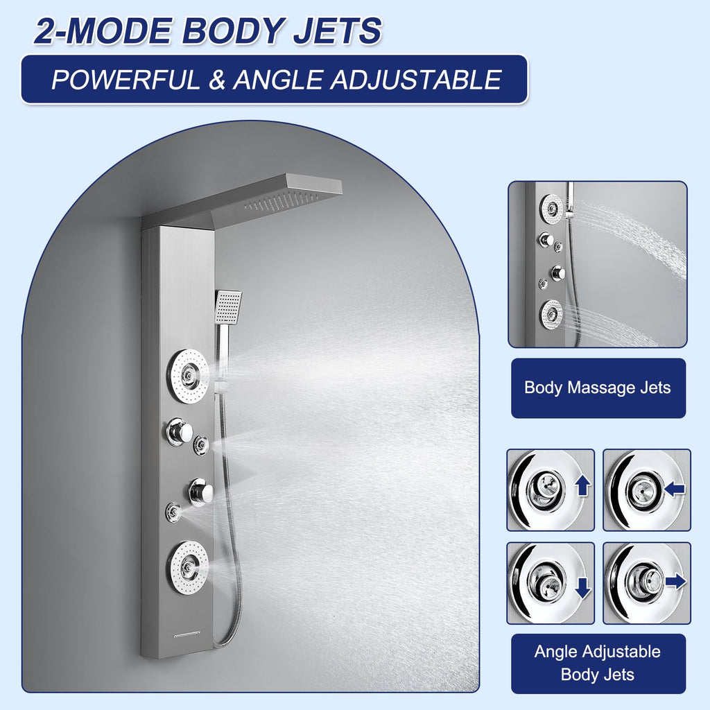 5 in 1 Rainfall Shower Panel Tower with Tub Spout, Brushed Finish